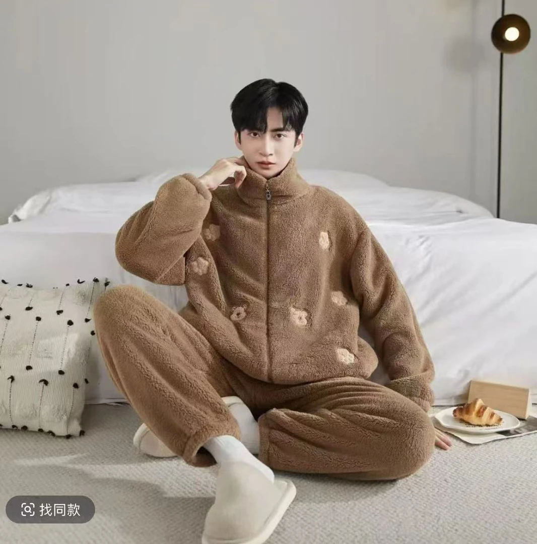 家居服套装男款冬季高领拉链加绒加厚小熊家居服睡衣套装