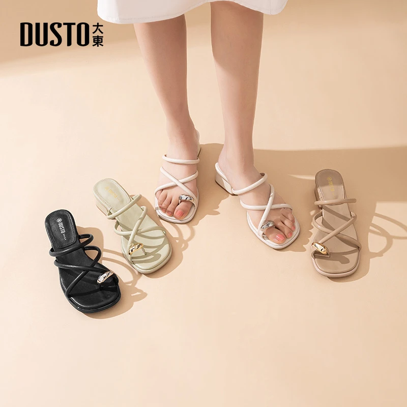 大东女鞋2025年夏季新款日常百搭一脚蹬外穿拖鞋粗跟防滑女款0012
