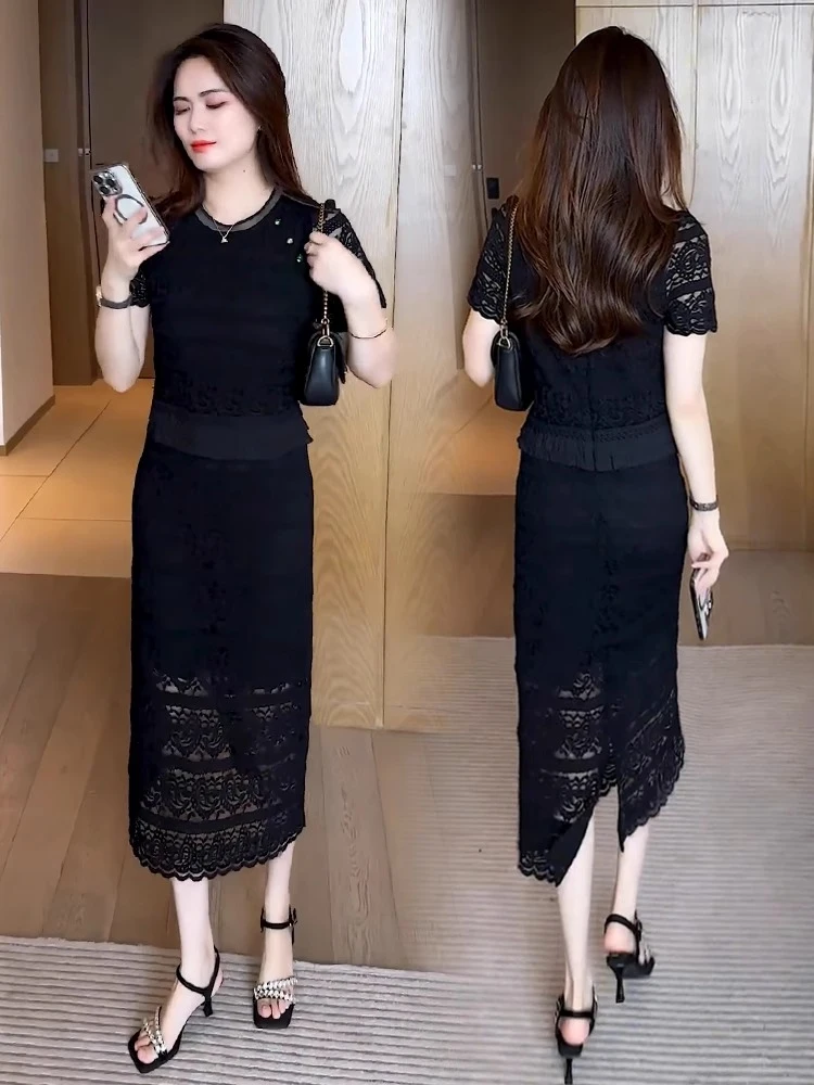 时尚气质蕾丝套装裙女2025夏季新款洋气减龄显瘦遮肉小众连衣裙潮