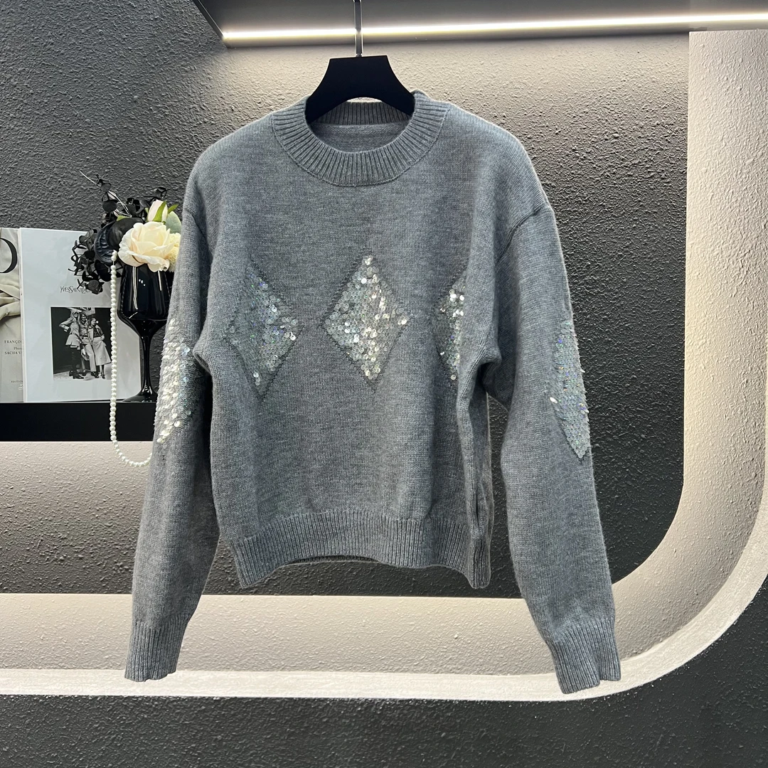 【小乔】亮片菱形镂空菱形亮片高定轻奢圆领针织毛衣192