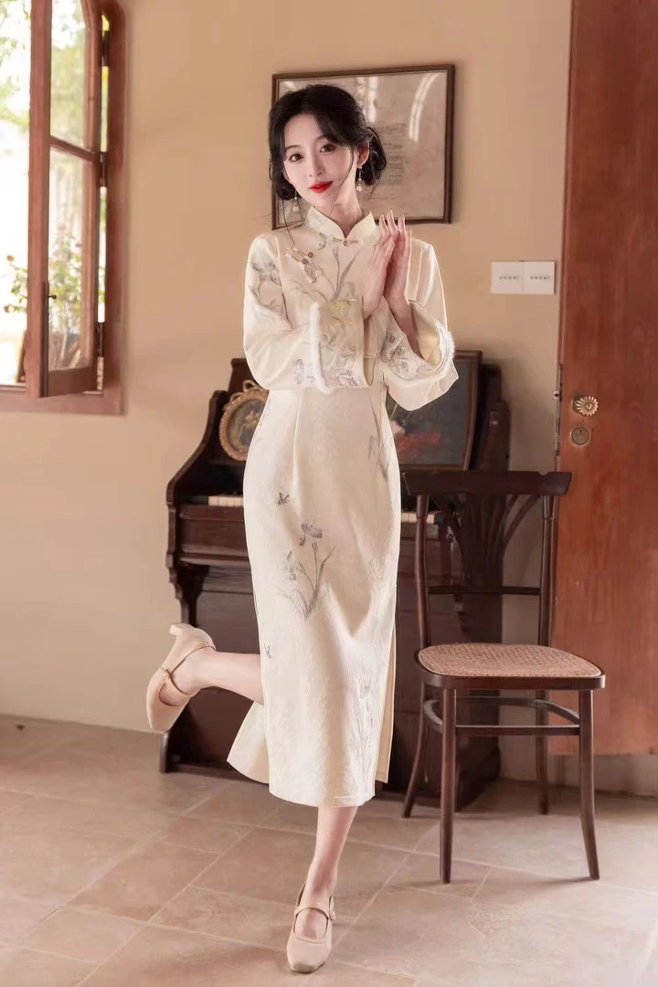 【紫苑】鸢尾花旗袍少女日常可穿倒大袖旗袍裙子女款爆款2025新款