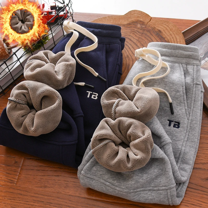 男童加绒裤子冬季2025新男孩加厚卫裤中大儿童装刺绣过冬运动长裤