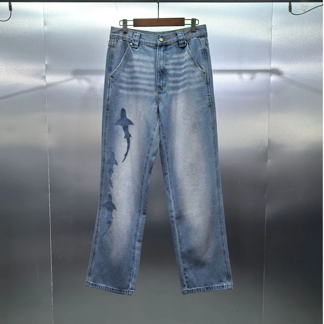 B01-41047-SAN裤腿鲨鱼印花时尚水洗牛仔裤