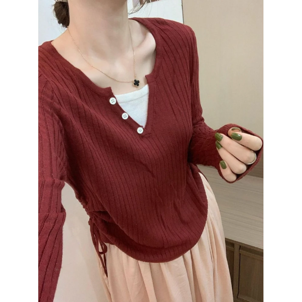 2025早秋新款假两件撞色针织衫女不规则抽绳修身显瘦短款长袖上衣