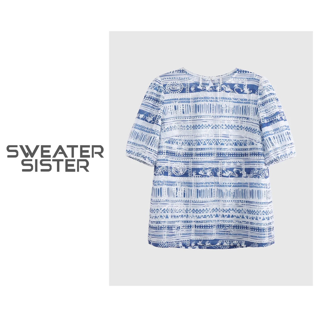 短袖条纹圆领青花瓷夏季常规款T恤衫衬女6677-2539