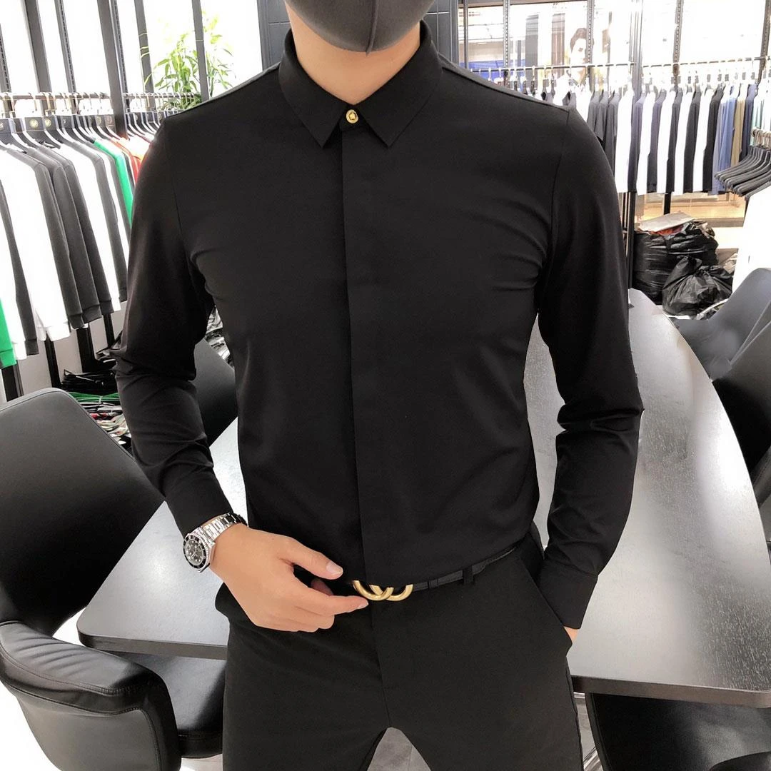 【总裁定制】丝滑免熨烫轻商务长袖男士衬衫正装高档修身高弹金色