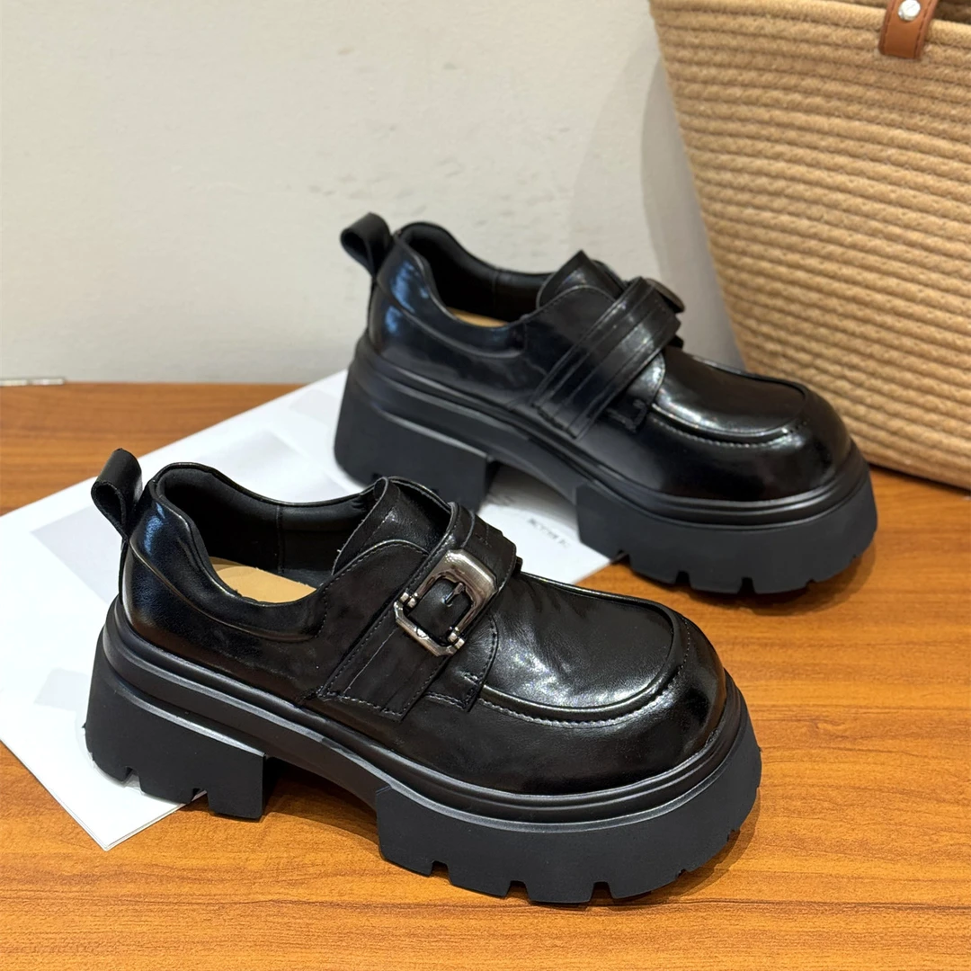 英伦厚底魔术贴小皮鞋女2026新款春百搭松糕圆头一脚蹬乐福鞋单鞋