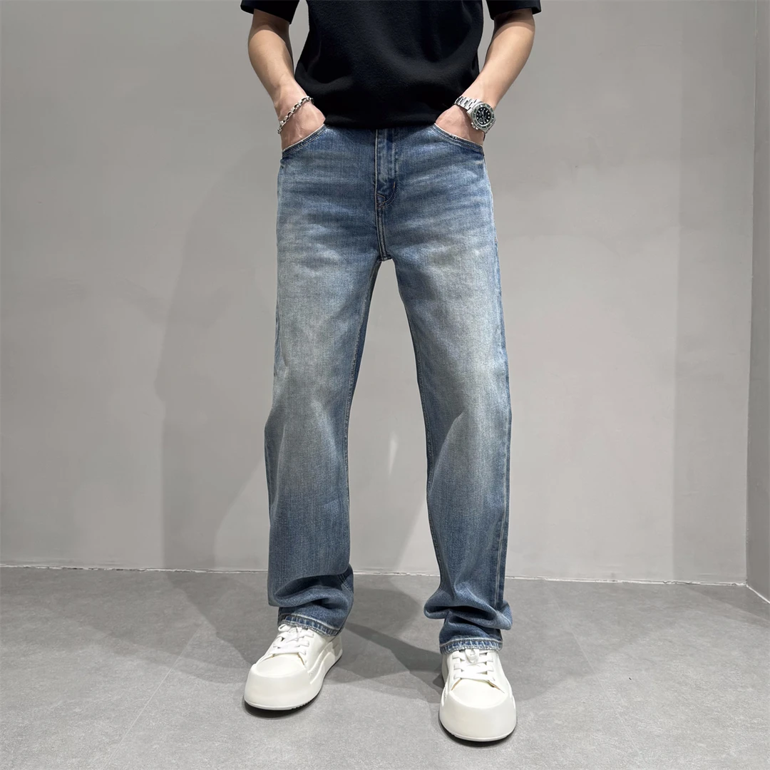 韩系潮流水洗浅蓝色牛仔裤男秋冬新款宽松百搭休闲直筒阔腿长裤子