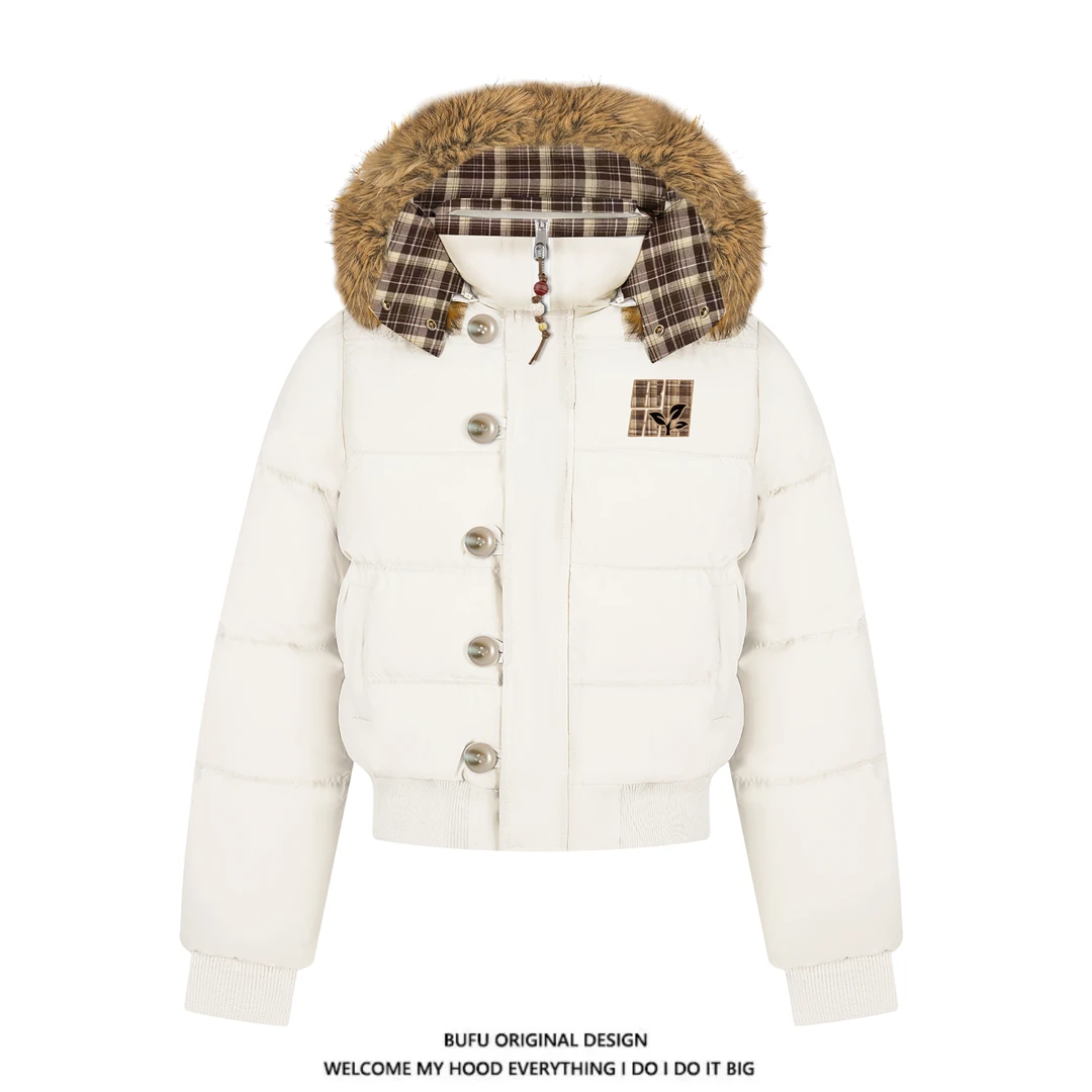 亿万少年BUFU冬季美式复古风毛领连帽棉服女短款加厚保暖棉衣外套
