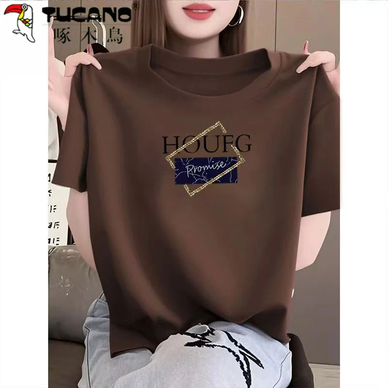 啄木鸟咖色短袖套头t恤女圆领夏季薄款百搭宽松显瘦上衣体恤潮ins