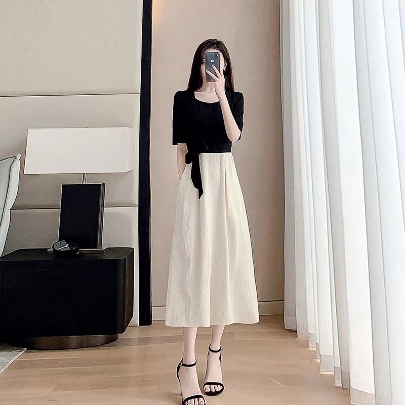 哥弟阿玛施正夏季新款黑色拼接短袖连衣裙收腰显瘦假两件a字裙子