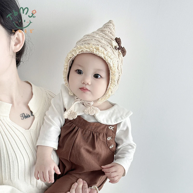 婴儿帽子秋冬季宝宝毛线帽公主蝴蝶结花边套头帽婴幼儿护耳尖尖帽