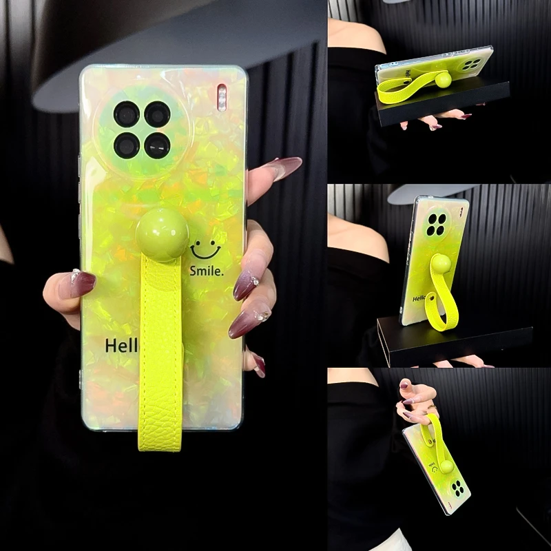 适用vivox90手机壳新款x90pro套vivo贝壳纹x90s渐变色笑脸腕带女p