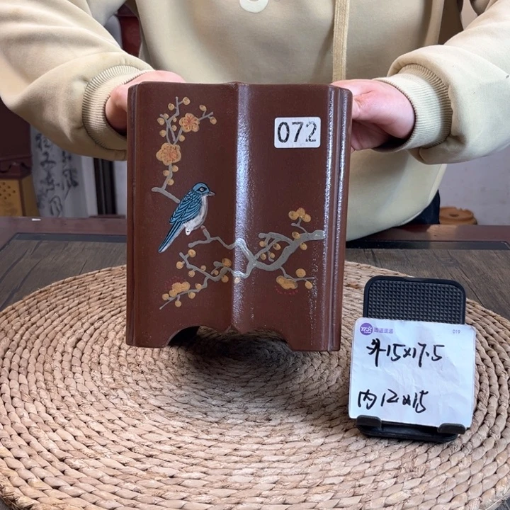 紫砂花盆紫玉金砂花鸟手绘菱花四方072