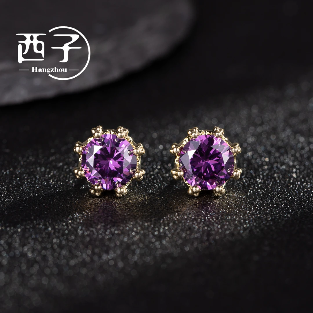 西子饰品高定镀18K金【紫心皇冠耳钉】S925纯银针30岁上档次饰品女