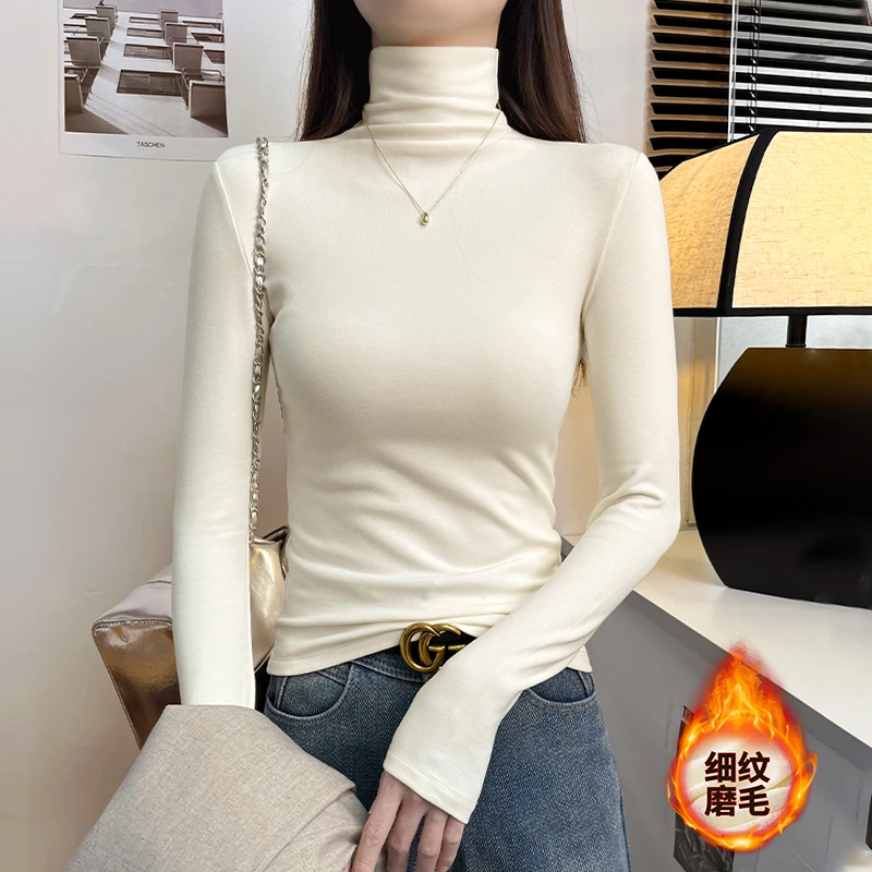欧洲站高领打底衫女内搭2025新款秋冬杏色磨毛长袖加绒网红上衣潮