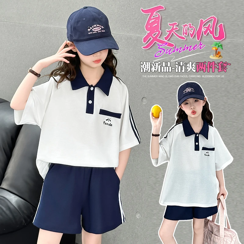 韩版女童休闲运动套装女孩夏装polo学院风休闲清爽运动拼色两件套