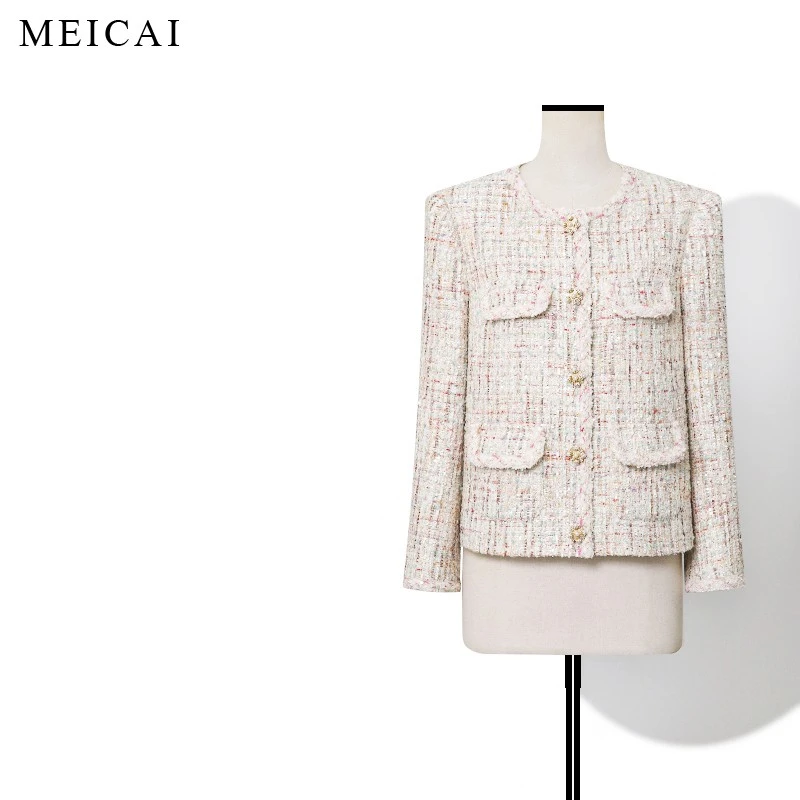 美裁 春新款限定 白混色小香风编织花呢短外套休闲上衣