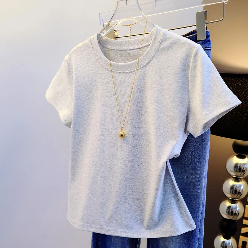 2025夏季新款灰色正肩圆领螺纹短袖t恤女短款体恤上衣学生女
