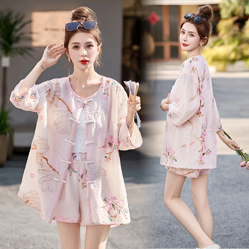 新中式国风刺绣提花套装女2025年夏季新款复古盘扣宽松短裤两件套