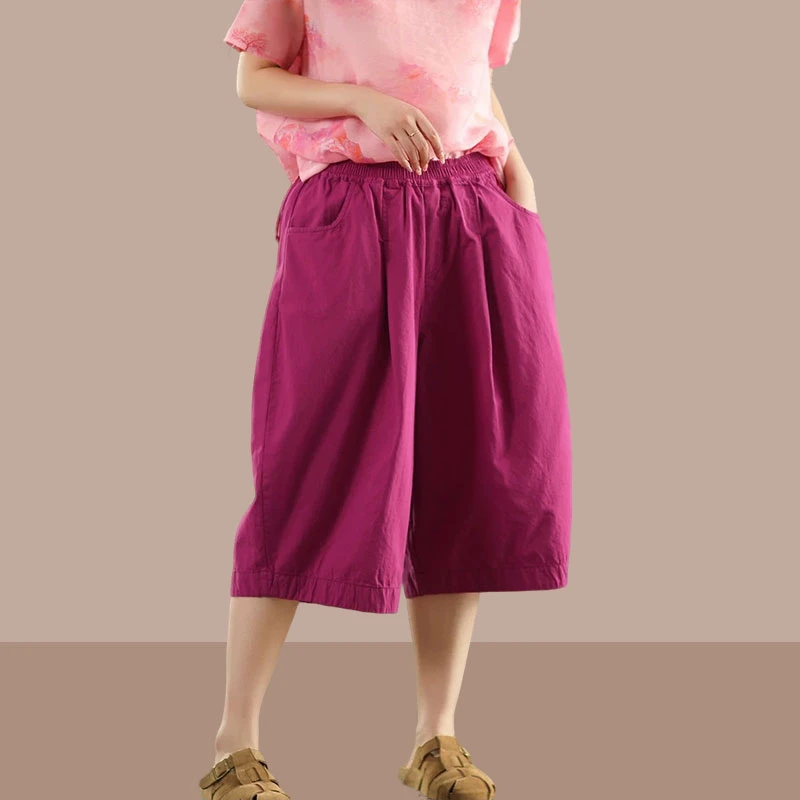 复古亚麻夏季时尚款直筒裤女松紧腰显瘦宽松七分裤休闲百搭纯色裤