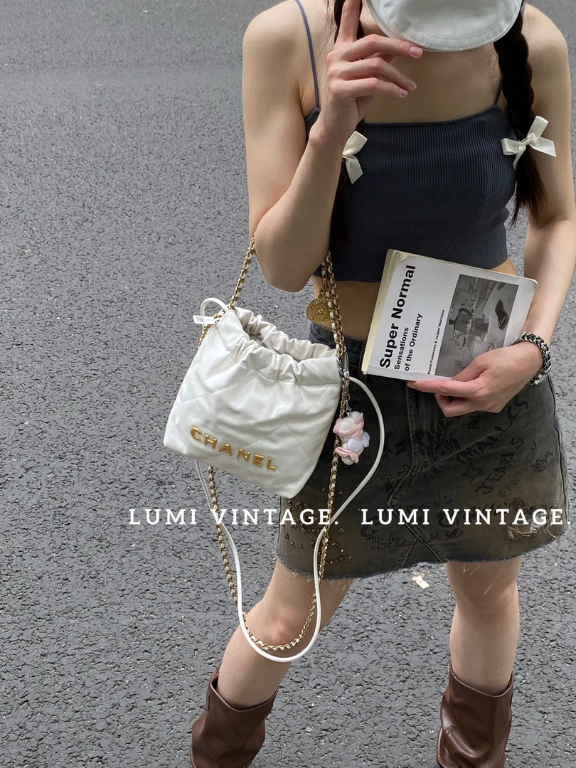 95新 Chanel/香奈儿 23k白金牛皮22bag mini单肩包63596556