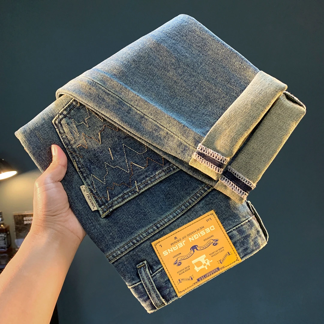 高端轻奢男士牛仔裤潮流锥形微跨哈伦裤复古水洗做旧休闲小脚长裤