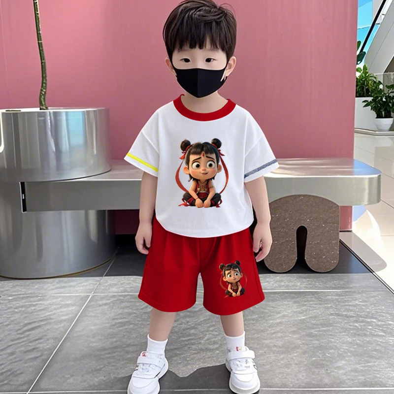 哪吒衣服男童纯棉套装夏季薄款儿童洋气短袖短裤两件套新款女童装