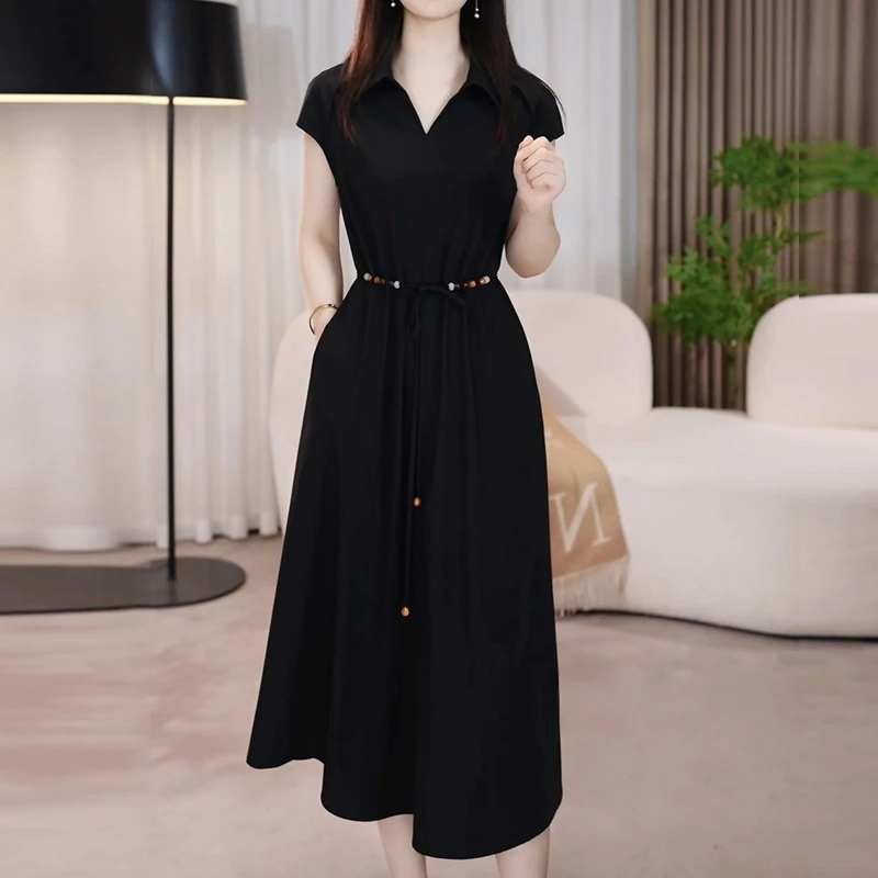 2025夏季新款时尚法式飞飞袖连衣裙女气质显瘦V领中长款休闲裙子