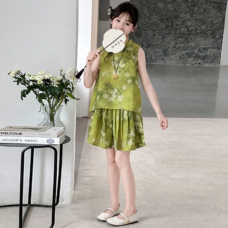 女童夏装套装2025新款洋气时髦儿童国风唐装背心裙女孩夏季两件套