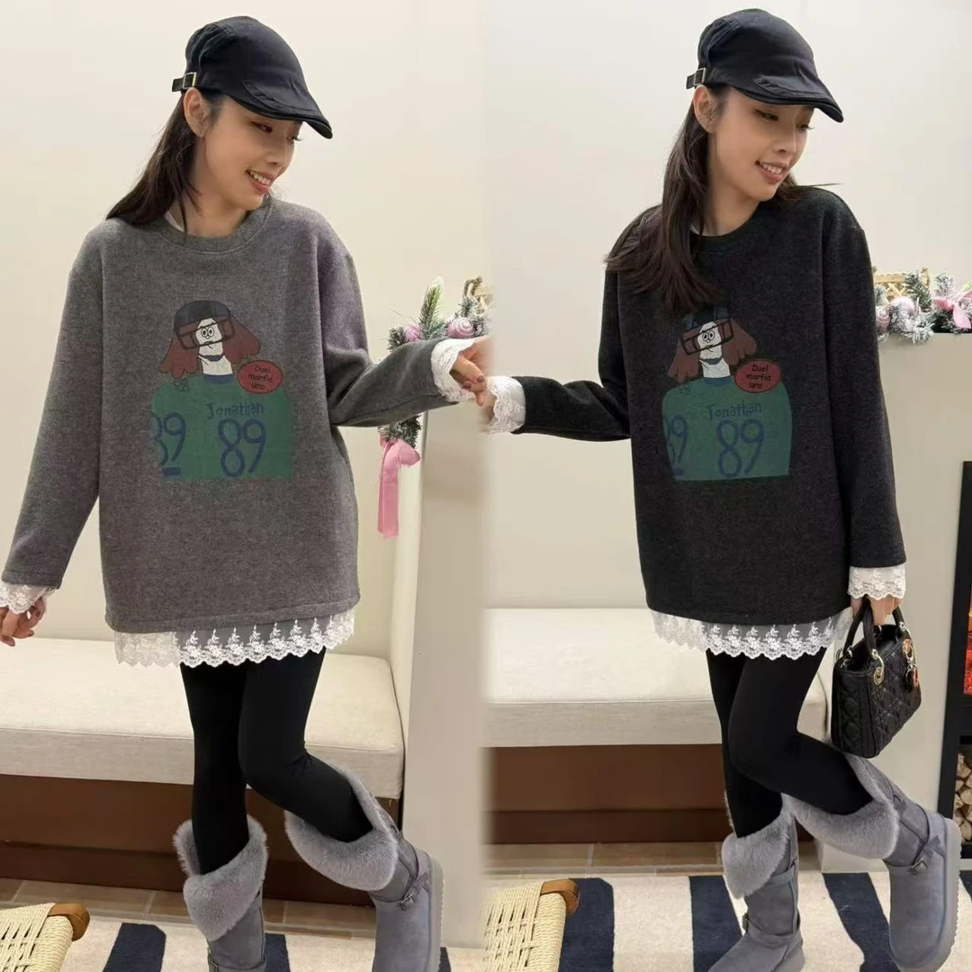 二姐的宝藏冬季蕾丝设计感拼接休闲慵懒风打底衫加绒T恤#24485