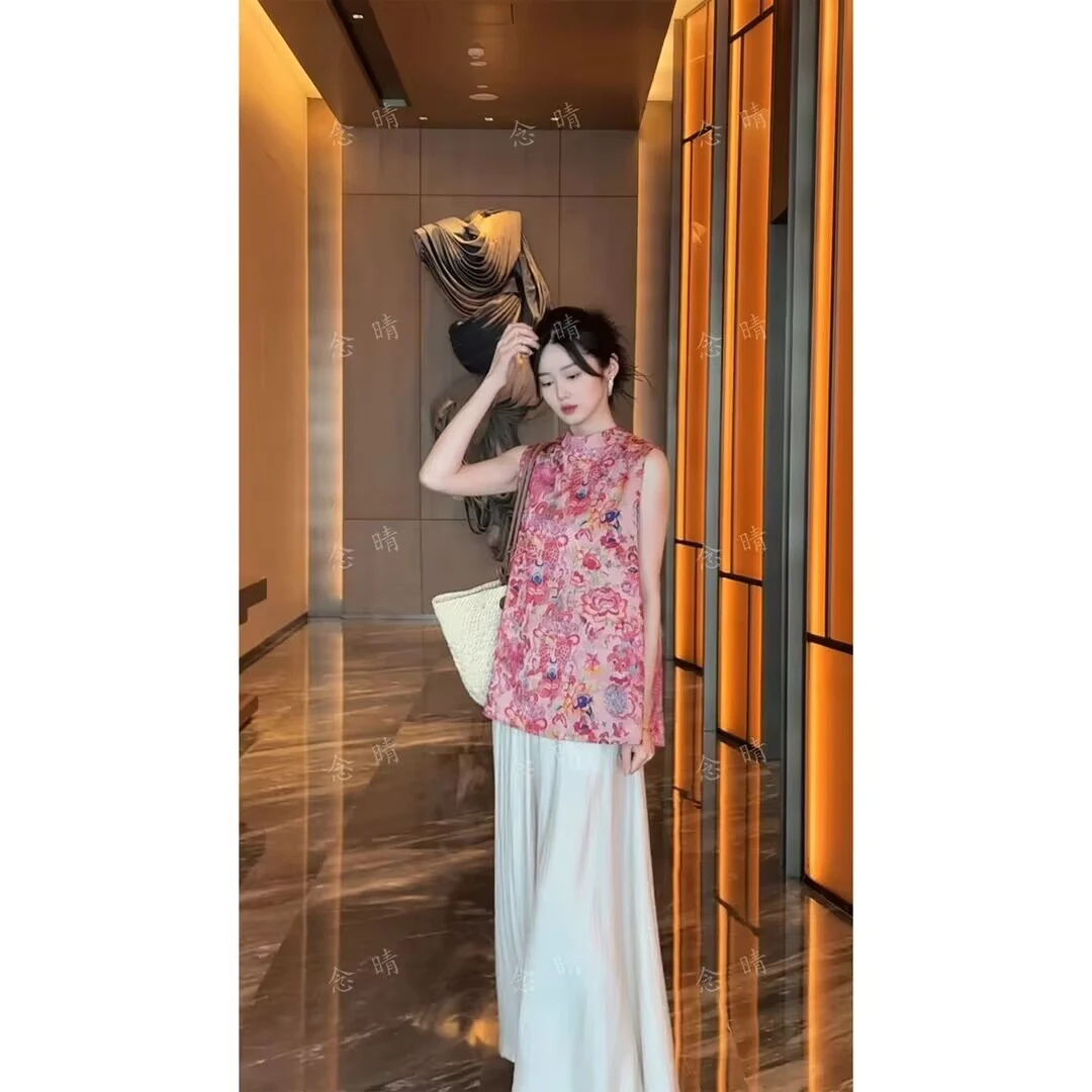 新中式提花无袖中长款上衣搭配阔腿裤夏季清凉套装