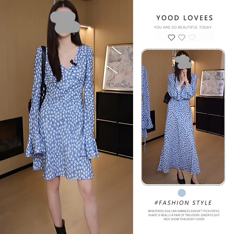 蓝色碎花系带长袖连衣裙女夏季2025新款设计感法式复古V领茶歇裙