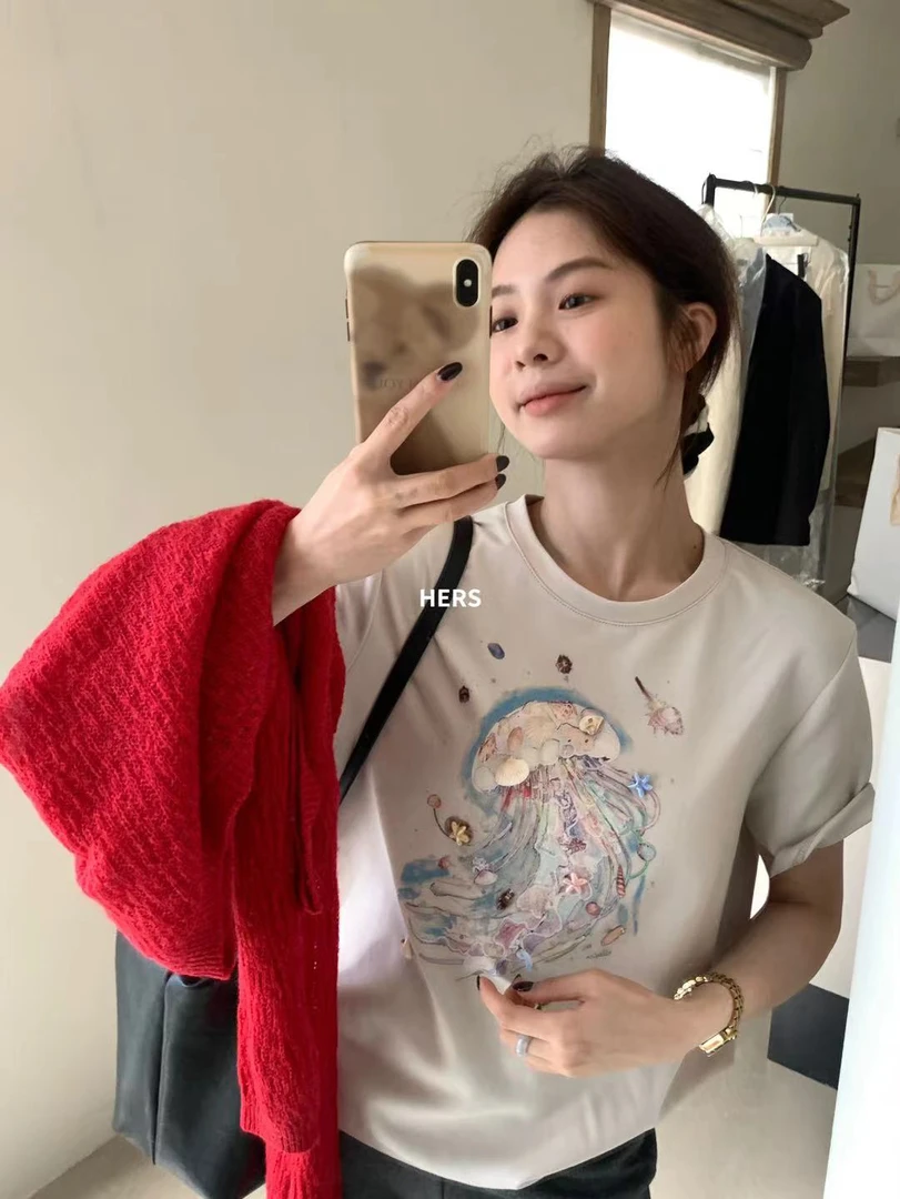 hers@20420 立体贝壳 韩系简约百搭印花水母短袖T（勿机洗） 衣长65