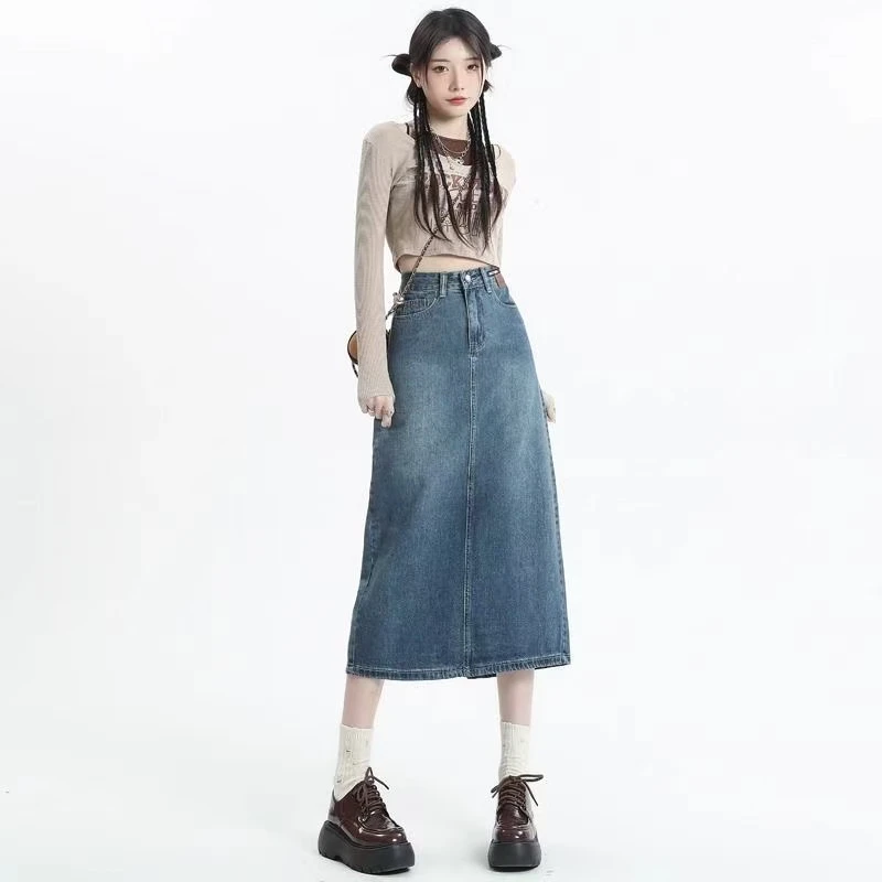 复古薄款开叉牛仔小个子半身裙女高腰中长款显瘦遮胯a字春夏款