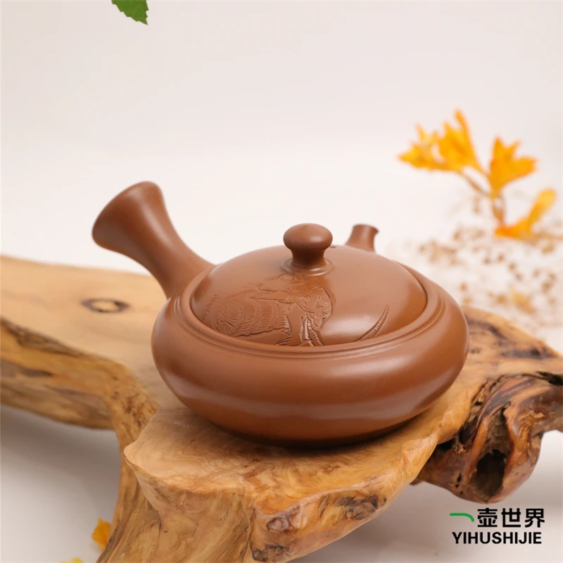 常滑烧纯手工日式紫砂侧把陶茶壶 舜园作 杜泉雕 黄泥 鼠雕 160ml