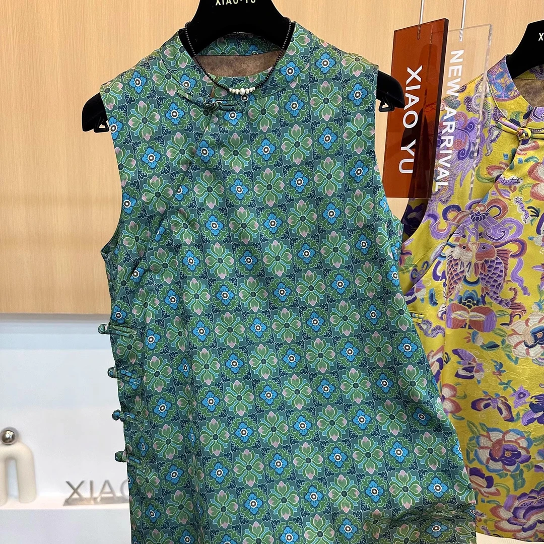 高端欧货今年夏流行的新中式国风印花宽松无袖立领马甲背心上衣女