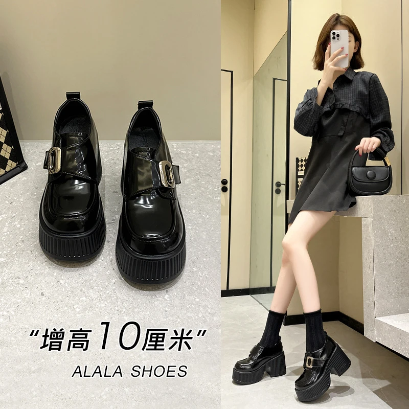 百搭复古英伦风黑色厚底春秋高跟圆头时尚皮鞋单鞋乐福鞋|美
