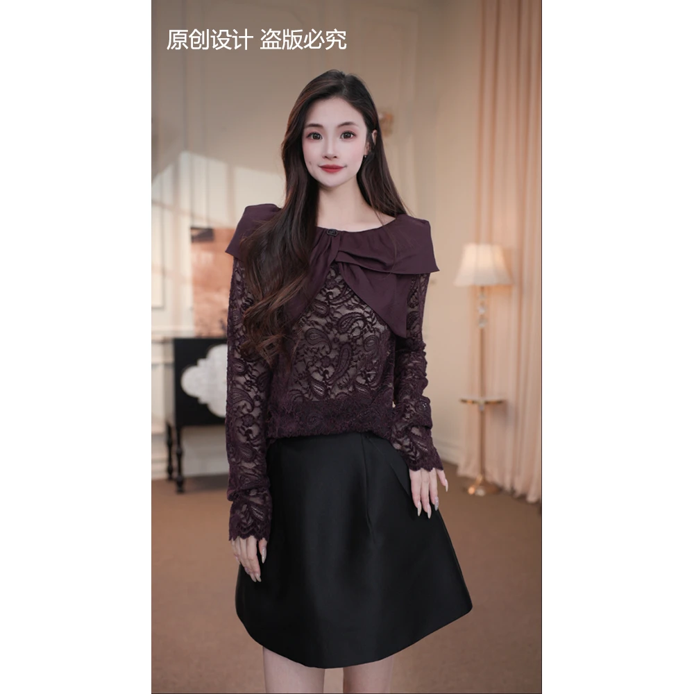 宁宁·昭华千金·秋装新款拼接镂空设计感时尚小衫上衣女装-91029