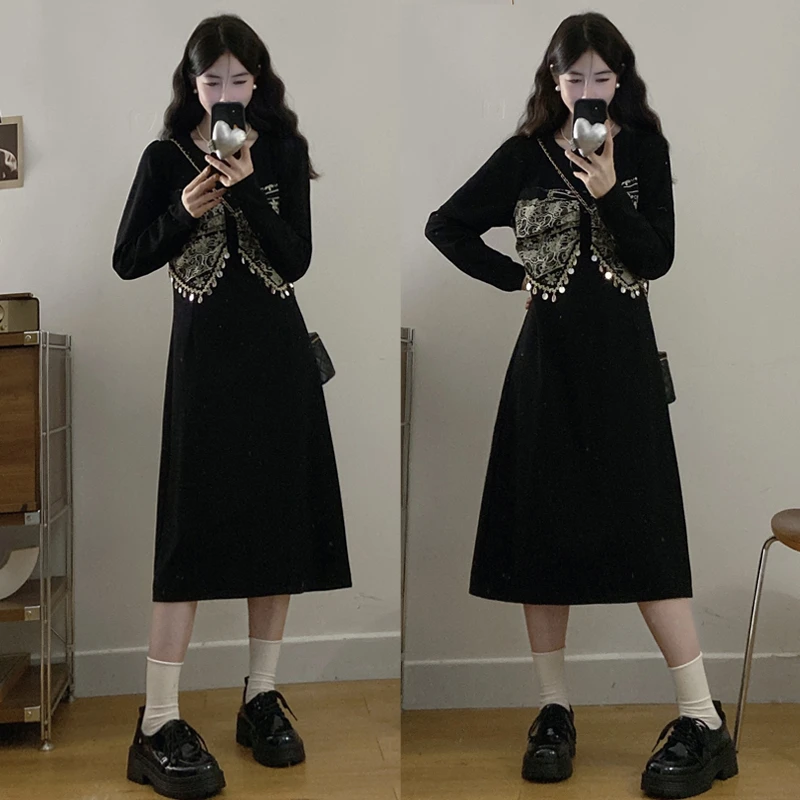 大码胖mm秋季新款女装法式赫本风黑色长裙高级感气质拼接连衣裙女