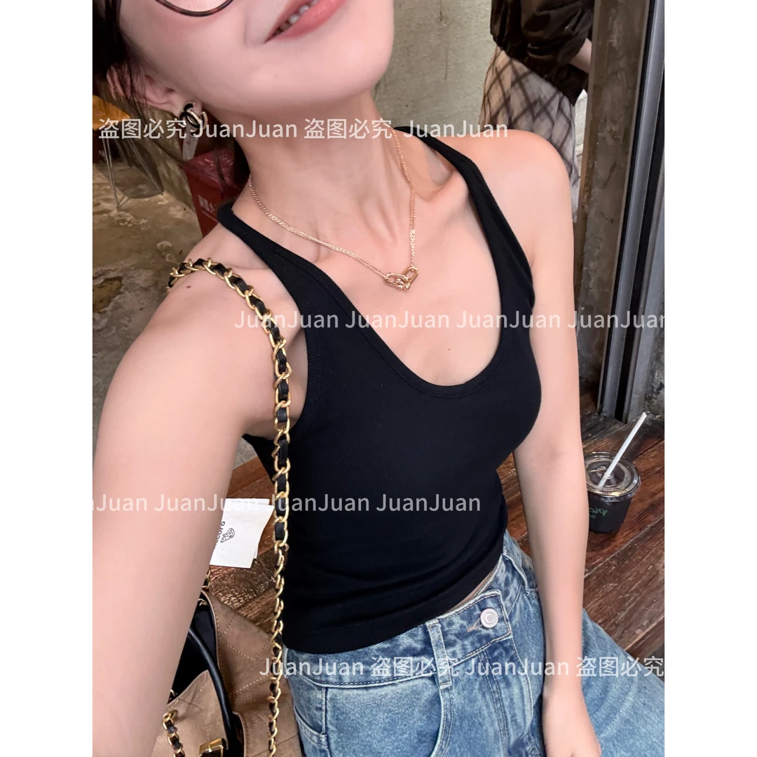 【松弛感】自制纯欲风百搭U领背心挂脖工字型带胸垫内搭