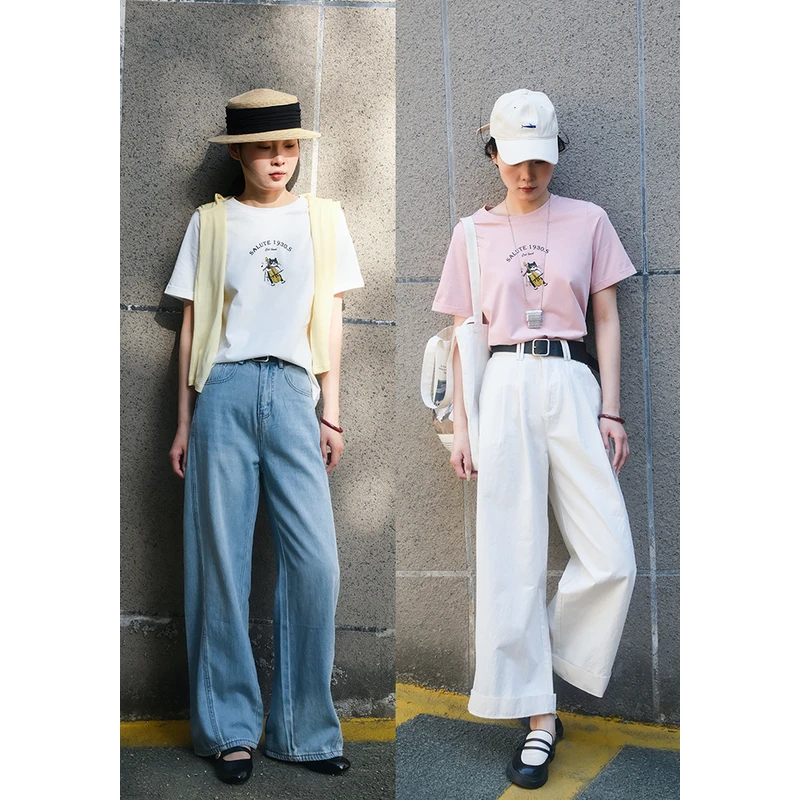 百武西“冰氧吧”文艺简约印花凉感抑菌柔软宽松短袖t恤8607