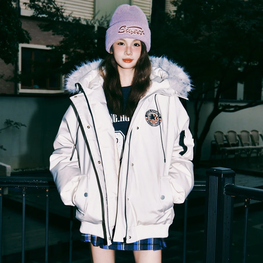 ZEXO冬季新款刺绣贴标定制罗口大毛领连帽棉服派克服 ZE1027