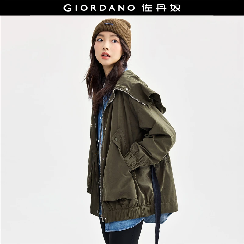 佐丹奴外套女装工装风连帽风衣可收腰户外大口袋棉感外套18374910