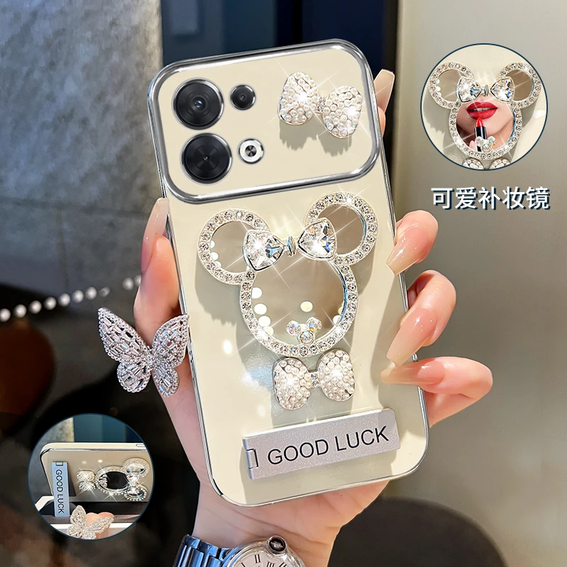适用oppoReno13/pro领结米奇补妆镜大视窗手机壳创意全包防摔女款