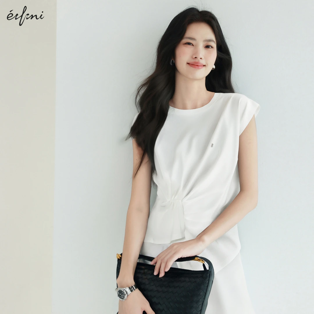【商场同款】伊芙丽夏季不规则设计感抽褶通勤百搭T恤1F4400321