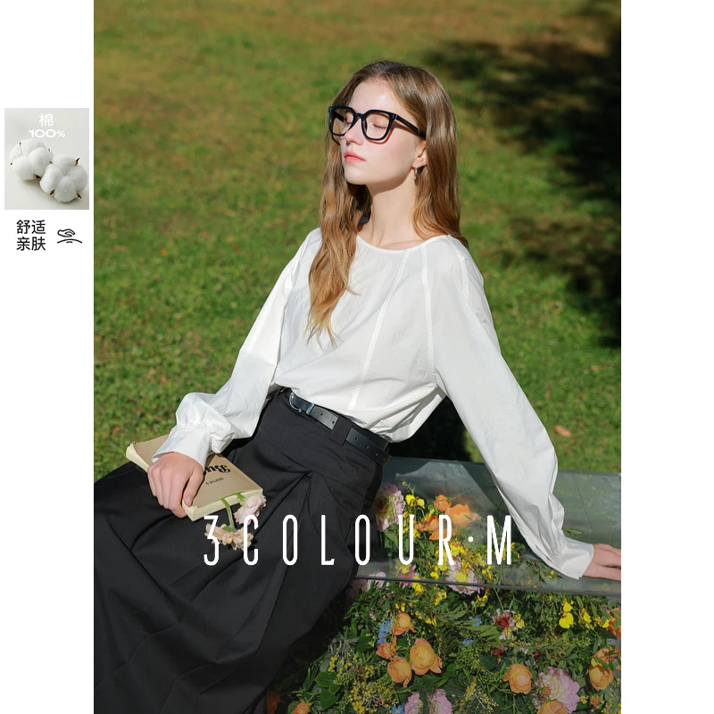 三彩2025春季新款宽松小衫简约圆领衬衣松弛感上衣套头M