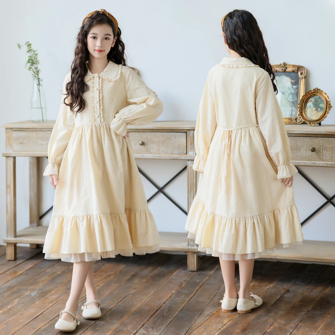 女童简约春装连衣裙2025新款中大童韩版花边休闲裙子女孩气质长裙