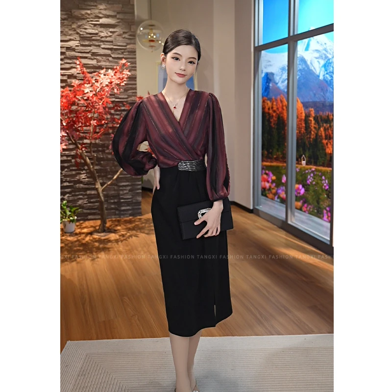 2025夏季新款【TX-8013】V领缎面中袖上下拼接气质显瘦连衣裙女