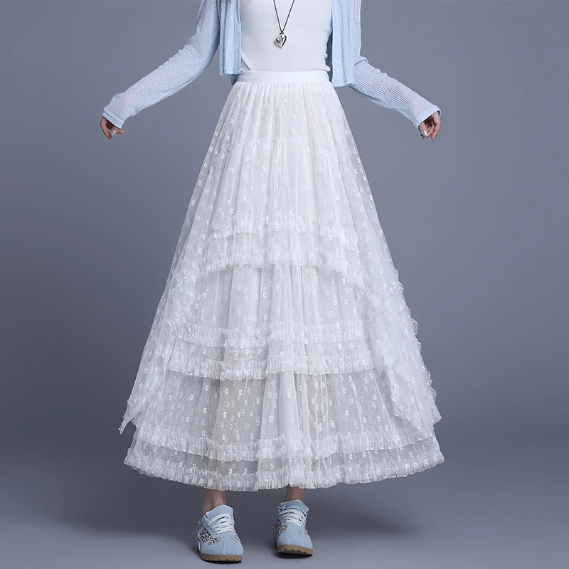 春季2025新款温柔风多层花边拼接网纱半身裙女蓬蓬蛋糕裙纱裙长裙